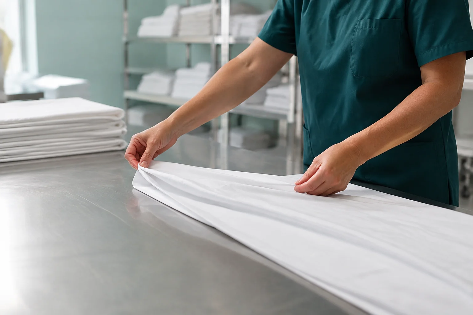 A laundry operator carefully folding a white bed sheet on a stainless work table.