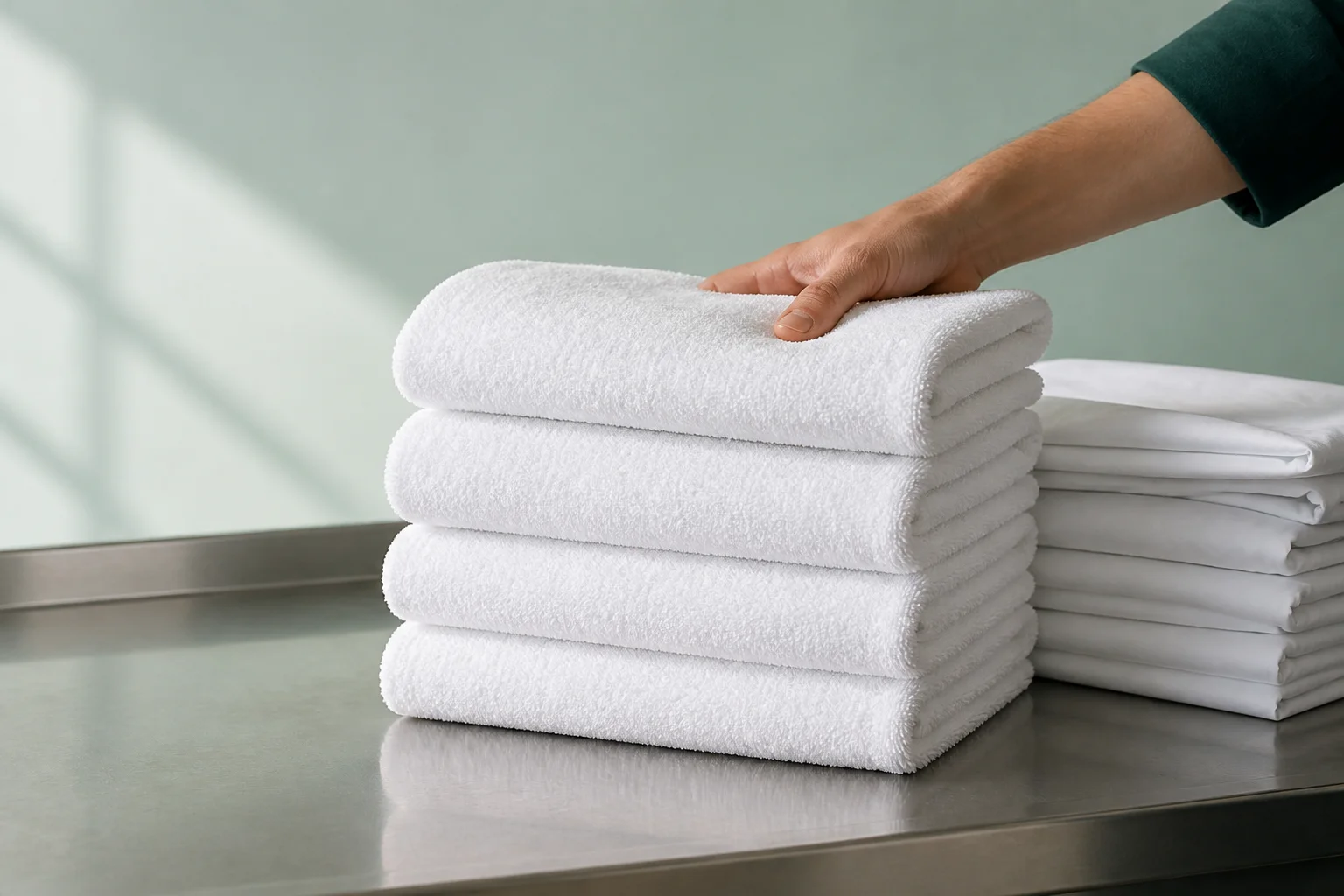 A hand carefully placing a folded white towel on a stack of clean commercial linen.