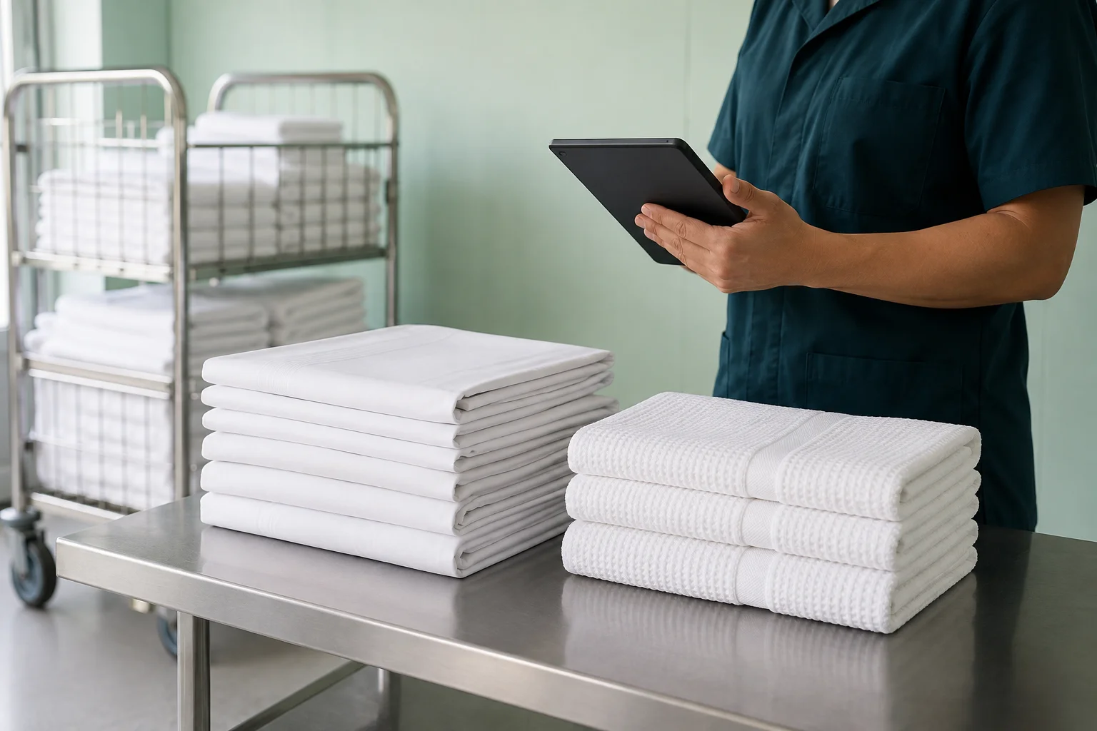 An operator checking linen beside neatly organised stacks in a commercial laundry.